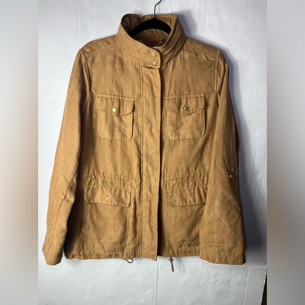 Vince‎ Camuto BrownHooded Rain Jacket Large Cinched Roll Tab Wind Jacket